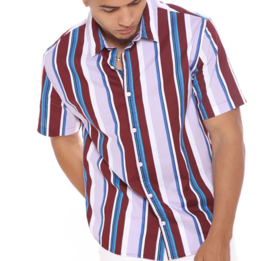 FASHION NOVA MEN Vertical Striped Short Sleeve Woven Top, Size XL, NwT
